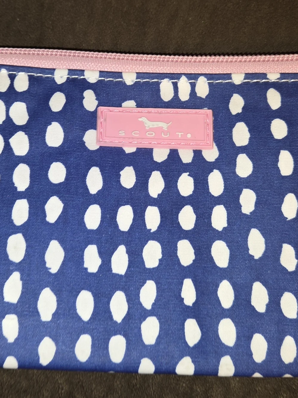 Scout Brand Blue & White Dot Bottoms Wristlet with Pink Trim